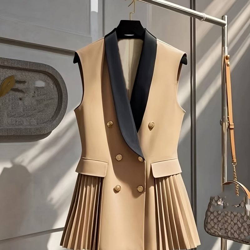 Elegant Vest Lightweight Elegant Women's Sleeveless Lapel-Neck Pleated Vest Jacket