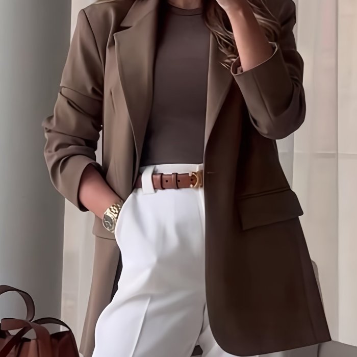 Elegant Solid Color Blazer Long Sleeve Jacket with Decorative Pockets for Office