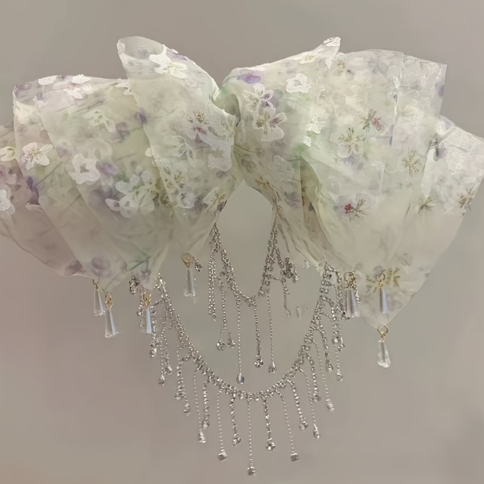 1pc Elegant Floral Bowknot Tassel Hair Clip for Women - Volumizing Half-Up Spring Clamp, White & Pink Floral Print, Perfect for Daily Wear, Parties, and Special Occasions, Cute Hair Accessories