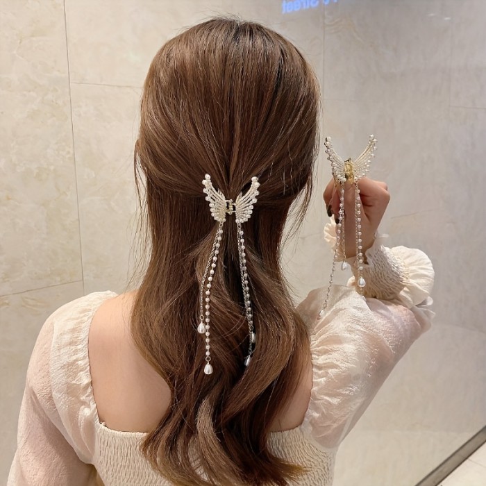 1pc Elegant Alloy Butterfly Hair Clip with Faux Pearl, Korean Design, Beaded Chain Tassel, Fashionable Temperament Hair Accessory, Small Size, Single Piece