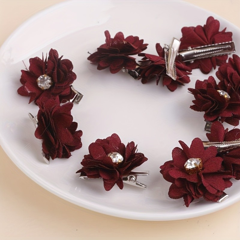 6pcs Elegant Fabric Flower Hair Clips - Pink Floral Design with Rhinestone Center, Ideal for Wedding Bridal Accessories, Dressy Occasions & Formal Events, Wedding Hair Accessorie