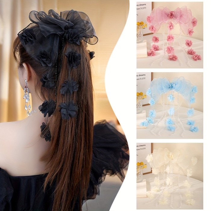 1pc Bohemian Floral Tassel Hair Clip for Women - Elegant Black Floral Design with Lace Detailing, Perfect for Parties, Daily Wear & Special Occasions, Festive Hair Accessory, Party Hair Accessory, Bohemian Style, Intricate Craftsmanship