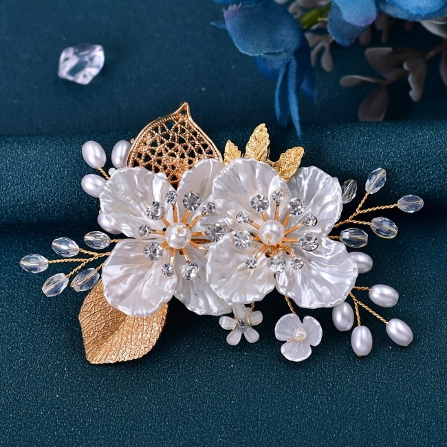 1pc Elegant Floral Hair Clip with Golden Leaf, Resin Flower and Pearl Accents, Vintage Side Rhinestone Hair Accessory for Parties - All-Season Solid Color Hairpin, Hair Accessories