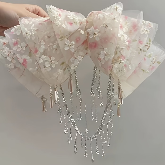 1pc Elegant Floral Bowknot Tassel Hair Clip for Women - Volumizing Half-Up Spring Clamp, White & Pink Floral Print, Perfect for Daily Wear, Parties, and Special Occasions, Cute Hair Accessories