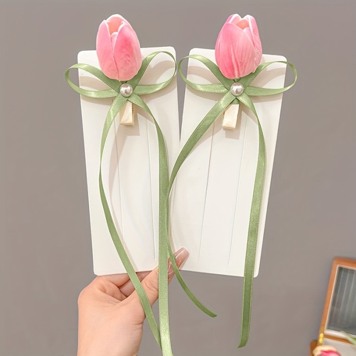 2pcs sweet tulip flowers ribbon hair clip Korean style duckbill clip imitation side clip ponytail clip fashion gift hair accessories