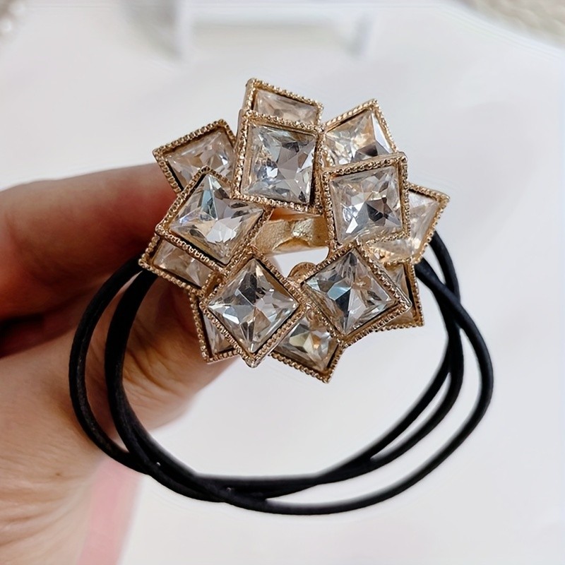 1pc Elegant Alloy Square Rhinestone Hair Tie, High Elasticity Ponytail Holder, Sweet Style Solid Color Hair Accessory for Women