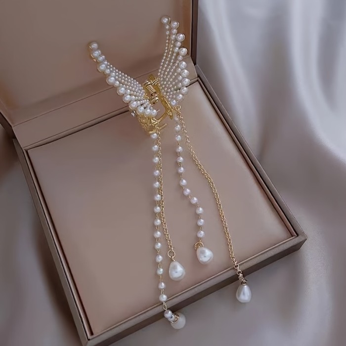 1pc Elegant Alloy Butterfly Hair Clip with Faux Pearl, Korean Design, Beaded Chain Tassel, Fashionable Temperament Hair Accessory, Small Size, Single Piece