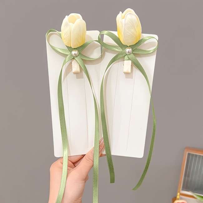 2pcs sweet tulip flowers ribbon hair clip Korean style duckbill clip imitation side clip ponytail clip fashion gift hair accessories