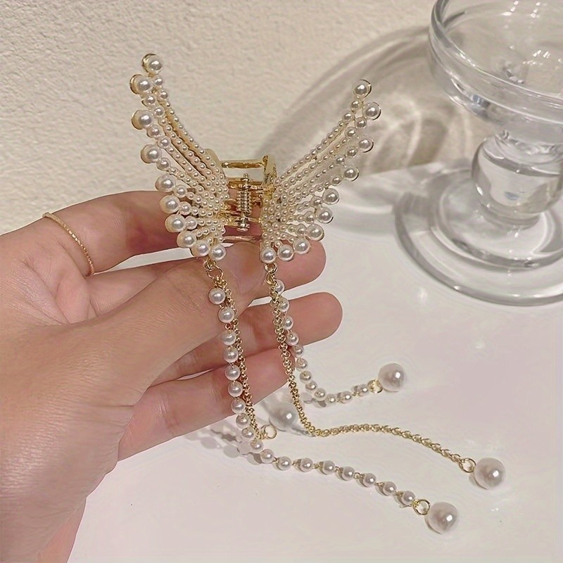 1pc Elegant Alloy Butterfly Hair Clip with Faux Pearl, Korean Design, Beaded Chain Tassel, Fashionable Temperament Hair Accessory, Small Size, Single Piece