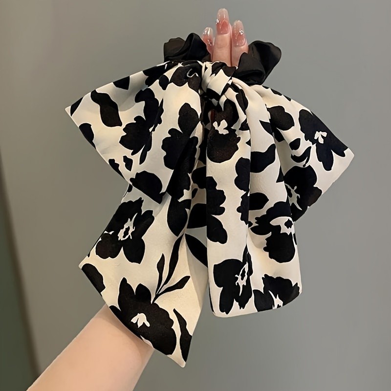 Elegant Minimalist Fabric Bow Hair Tie with Floral Print - Chic Bowknot Ponytail Holder for Women and Teens, 14+ Age Group, Single Individual Piece, Stylish Ribbon Hair Accessory