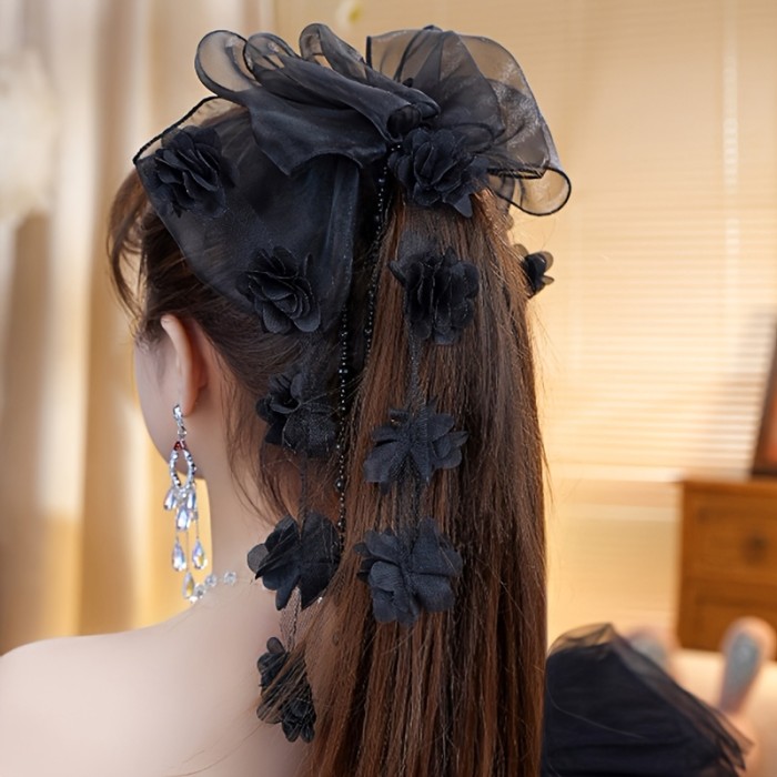 1pc Bohemian Floral Tassel Hair Clip for Women - Elegant Black Floral Design with Lace Detailing, Perfect for Parties, Daily Wear & Special Occasions, Festive Hair Accessory, Party Hair Accessory, Bohemian Style, Intricate Craftsmanship