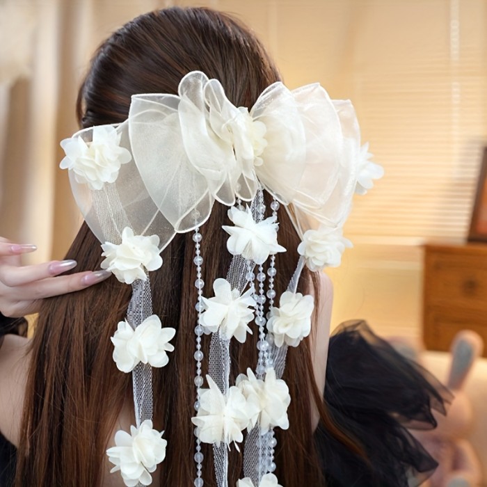 1pc Bohemian Floral Tassel Hair Clip for Women - Elegant Black Floral Design with Lace Detailing, Perfect for Parties, Daily Wear & Special Occasions, Festive Hair Accessory, Party Hair Accessory, Bohemian Style, Intricate Craftsmanship