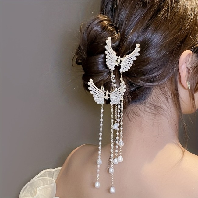1pc Elegant Alloy Butterfly Hair Clip with Faux Pearl, Korean Design, Beaded Chain Tassel, Fashionable Temperament Hair Accessory, Small Size, Single Piece