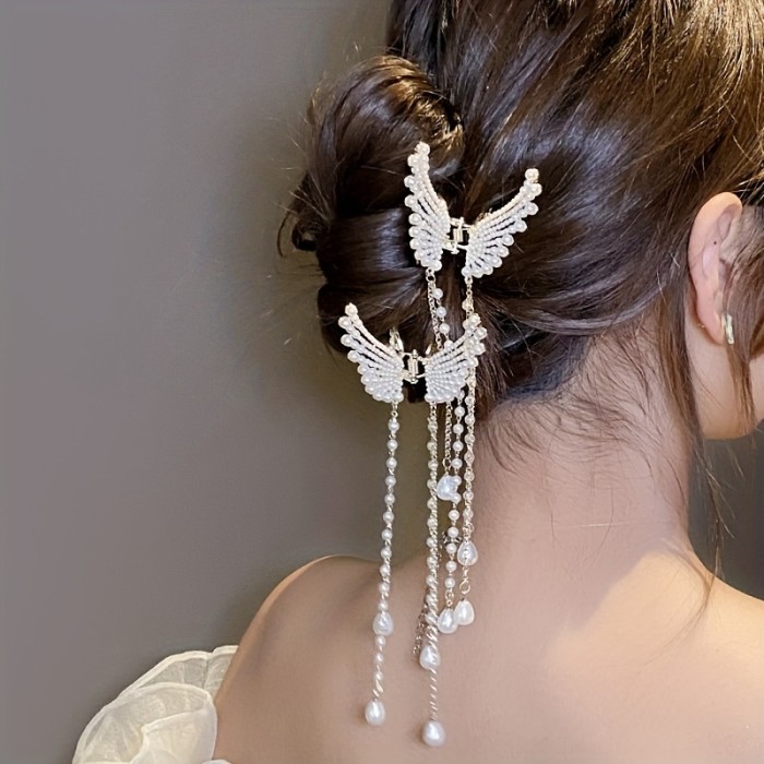 1pc Elegant Alloy Butterfly Hair Clip with Faux Pearl, Korean Design, Beaded Chain Tassel, Fashionable Temperament Hair Accessory, Small Size, Single Piece