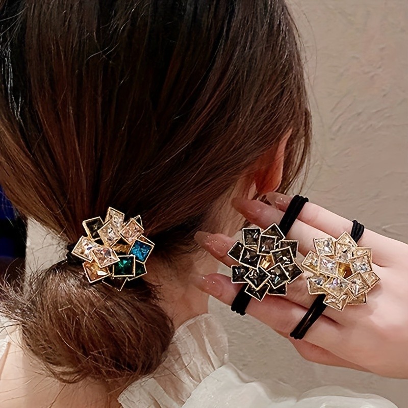 1pc Elegant Alloy Square Rhinestone Hair Tie, High Elasticity Ponytail Holder, Sweet Style Solid Color Hair Accessory for Women