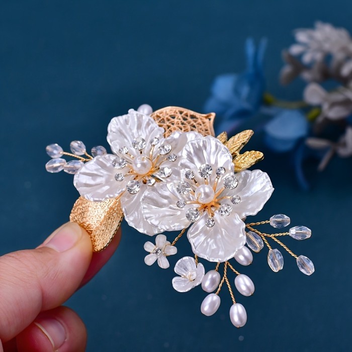 1pc Elegant Floral Hair Clip with Golden Leaf, Resin Flower and Pearl Accents, Vintage Side Rhinestone Hair Accessory for Parties - All-Season Solid Color Hairpin, Hair Accessories