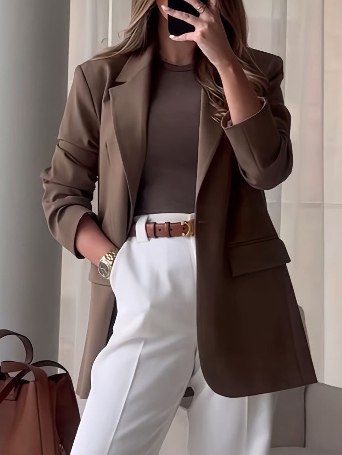 Elegant Solid Color Blazer Long Sleeve Jacket with Decorative Pockets for Office