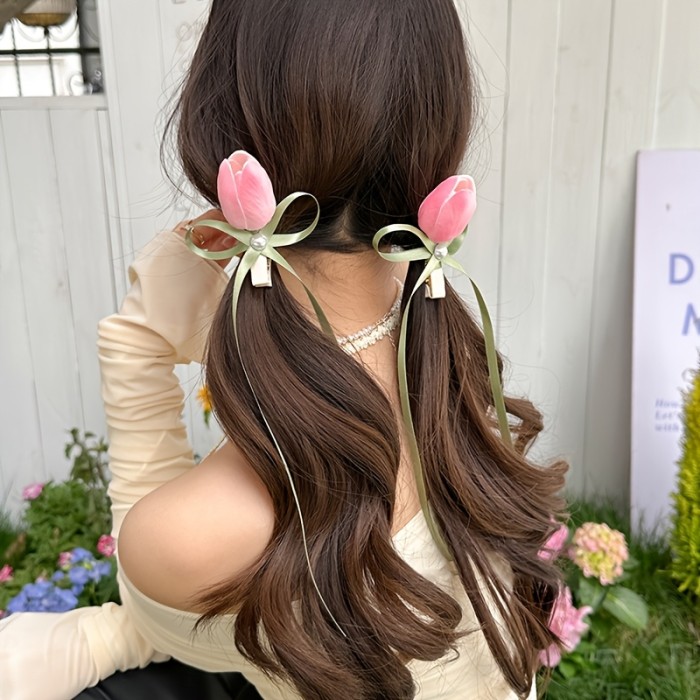 2pcs sweet tulip flowers ribbon hair clip Korean style duckbill clip imitation side clip ponytail clip fashion gift hair accessories