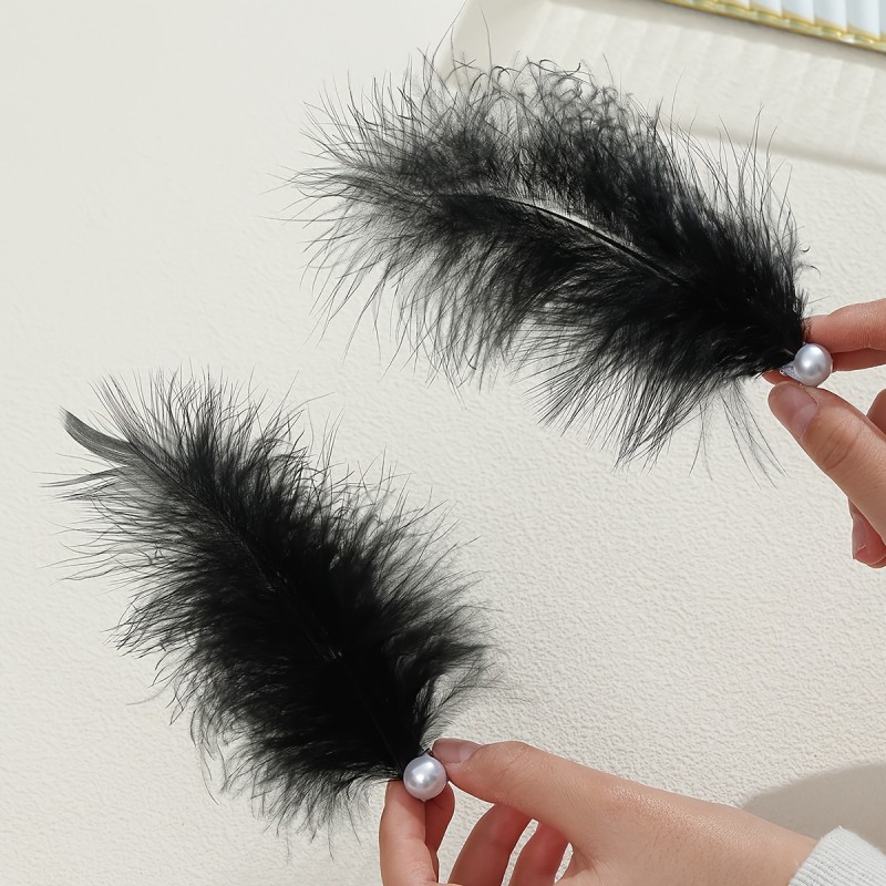 2pcs Elegant Black & White Faux Pearl Feather Hair Clips for Women - Sweet Style Side Hair Barrettes with Fluffy Feathers, Perfect for Parties, Daily Wear & Festive Occasions, Cute Hair Accessories