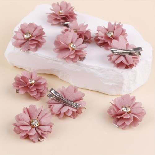 6pcs Elegant Fabric Flower Hair Clips - Pink Floral Design with Rhinestone Center, Ideal for Wedding Bridal Accessories, Dressy Occasions & Formal Events, Wedding Hair Accessorie