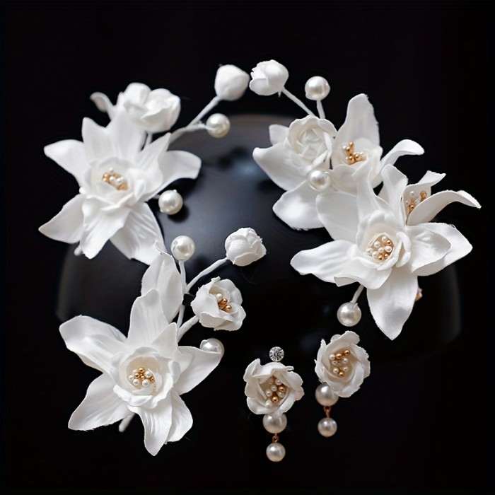 Super Fairy Forest Style Sweet Flower Hair Clip Set for Bride, with Ear Clips, High-end Headwear Wedding Look Accessories