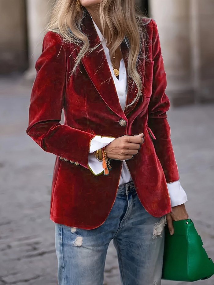 Elegant Women's Button Front Solid Color Casual Velvet Blazer