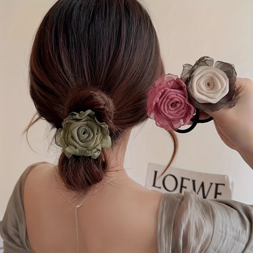 Bohemian Style Handmade Rose Hairband, Mixed Color Mesh, Sweet Floral Hair Accessory, Single, for Girls and Adults, Daily Use Hair Tie with Solid Print
