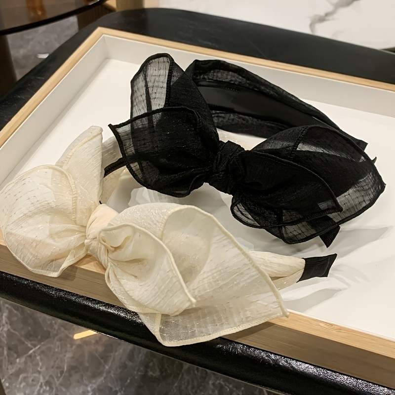 1pc Mesh Bow Headband 1pc Elegant Mesh Bow Headband, Chic Solid Color Hairband with Non-Slip Teeth Design, Simple Wide Dress Up Hair Accessories for Women