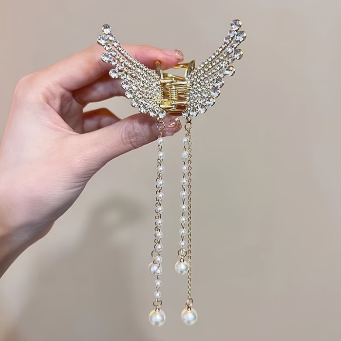 1pc Elegant Alloy Butterfly Hair Clip with Faux Pearl, Korean Design, Beaded Chain Tassel, Fashionable Temperament Hair Accessory, Small Size, Single Piece