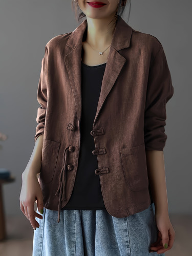 Plus Size, Women's Chinese Vintage Jacket - Elegant Button-Front Blazer