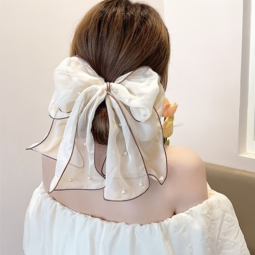 Elegant Chiffon Bow Hairpin with Pearl Accents - Versatile Hair Accessory for Women, Ideal for Back to School, Weddings, Parties, and Daily Use