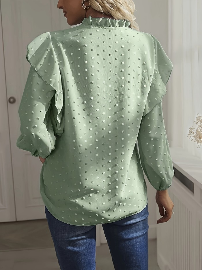V-neck Plain Swiss Dot Elegant Long Sleeve Ruffle Trim Loose Top