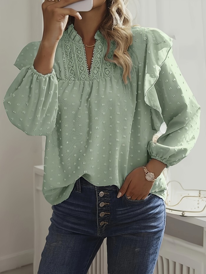 V-neck Plain Swiss Dot Elegant Long Sleeve Ruffle Trim Loose Top