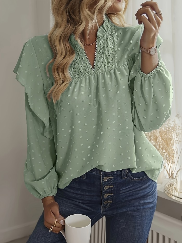 V-neck Plain Swiss Dot Elegant Long Sleeve Ruffle Trim Loose Top