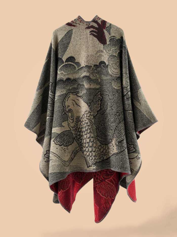 Stylish Cardigan Autumn Winter Stylish Open-Front Cardigan | Large Fish Pattern Shawl