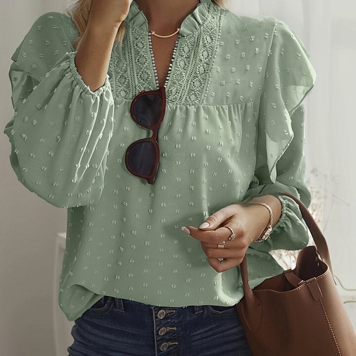 V-neck Plain Swiss Dot Elegant Long Sleeve Ruffle Trim Loose Top