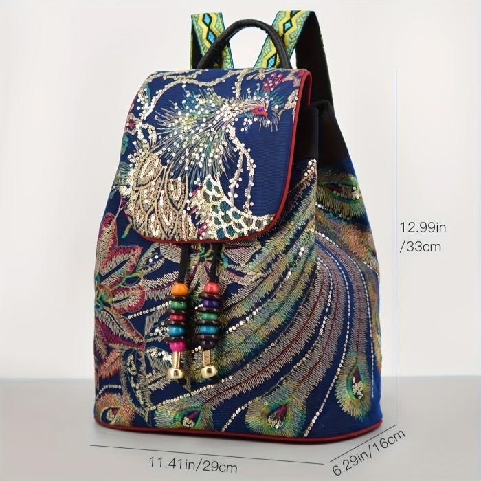 Vibrant Peacock Embroidered Canvas Backpack with Sequins & Beads - Adjustable Straps, Lightweight & Foldable for Travel & Students, Travel Backpack|Ethnic Style Backpack|Foldable Backpack, Backpack for Travel