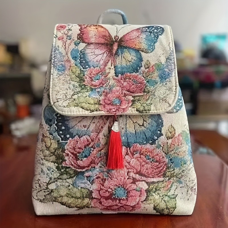2025 New Women's Ethnic Style Golden Embroidered Floral & Butterfly Backpack - Vibrant Mixed Colors, Durable Polyester Drawstring Closure, Hand Washable Travel & Casual Daypack, Backpack for Travel, Colorful Accessory, Intricate Embroidery