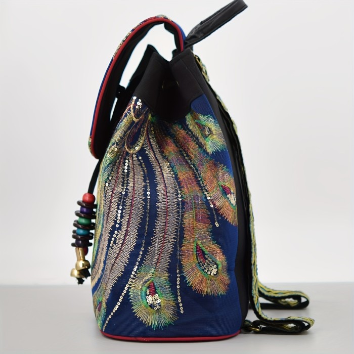 Vibrant Peacock Embroidered Canvas Backpack with Sequins & Beads - Adjustable Straps, Lightweight & Foldable for Travel & Students, Travel Backpack|Ethnic Style Backpack|Foldable Backpack, Backpack for Travel