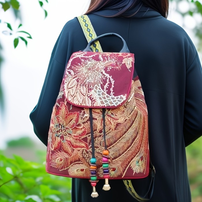 Vibrant Peacock Embroidered Canvas Backpack with Sequins & Beads - Adjustable Straps, Lightweight & Foldable for Travel & Students, Travel Backpack|Ethnic Style Backpack|Foldable Backpack, Backpack for Travel