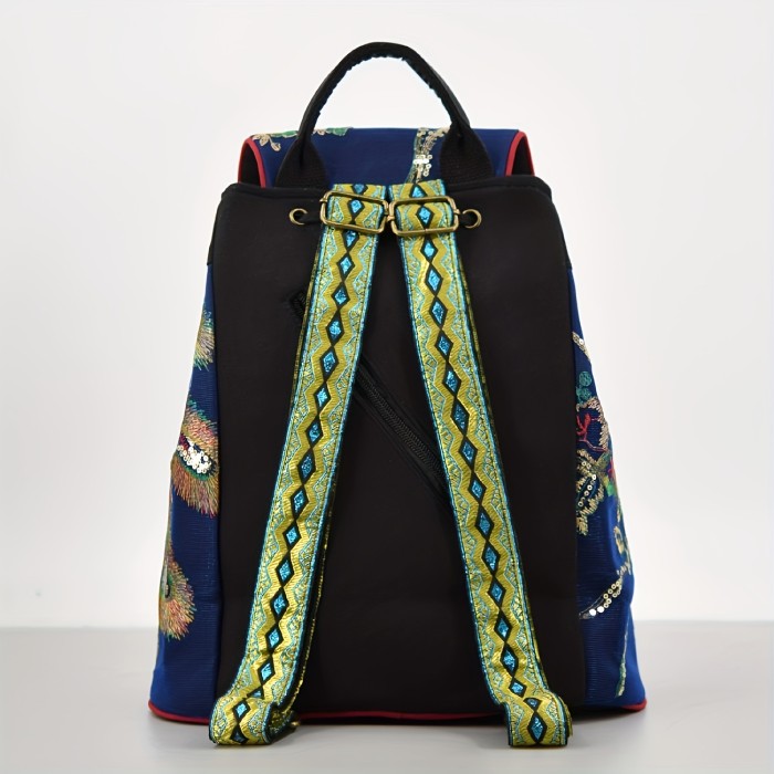 Vibrant Peacock Embroidered Canvas Backpack with Sequins & Beads - Adjustable Straps, Lightweight & Foldable for Travel & Students, Travel Backpack|Ethnic Style Backpack|Foldable Backpack, Backpack for Travel