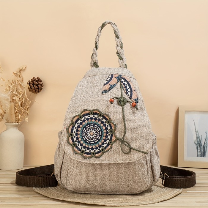 Ethnic Backpack 1pc Ethnic Style Hand-woven Floral Pattern Personality Backpack | Multifunctional, Casual Fashion, Original Design, For Beach Vacation Holiday Travel