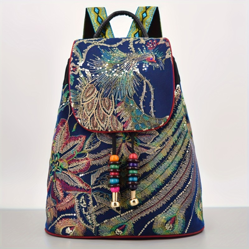 Vibrant Peacock Embroidered Canvas Backpack with Sequins & Beads - Adjustable Straps, Lightweight & Foldable for Travel & Students, Travel Backpack|Ethnic Style Backpack|Foldable Backpack, Backpack for Travel