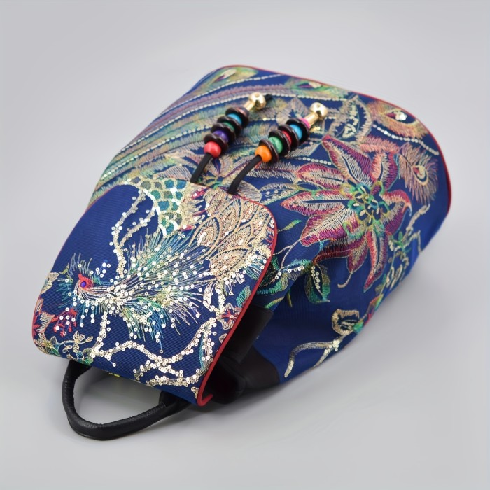 Vibrant Peacock Embroidered Canvas Backpack with Sequins & Beads - Adjustable Straps, Lightweight & Foldable for Travel & Students, Travel Backpack|Ethnic Style Backpack|Foldable Backpack, Backpack for Travel