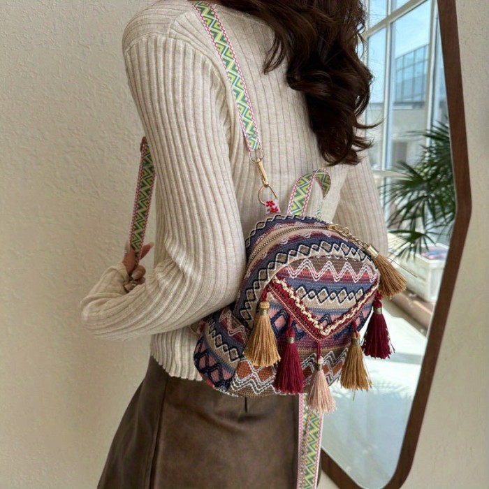 New Ethnic Style Backpack, Versatile Tassel Crossbody Bag, Small Backpack for Vacation Travel, Beach Shoulder Bag.