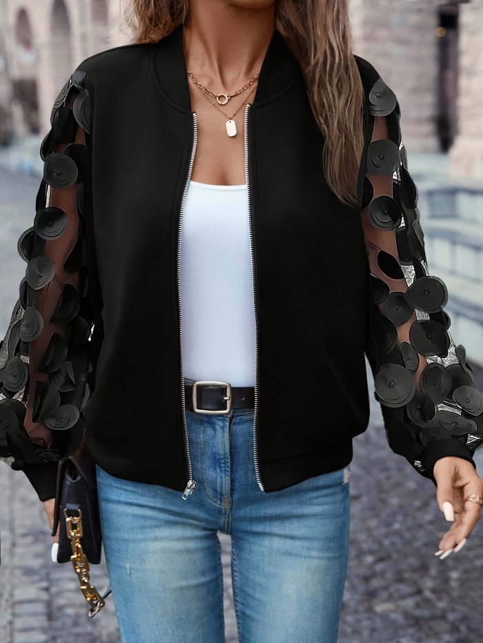 Long Sleeve Solid Color Applique Zipper Mesh Jacket for Spring & Fall, Casual Women's Clothing