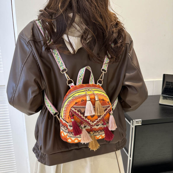 New Ethnic Style Backpack, Versatile Tassel Crossbody Bag, Small Backpack for Vacation Travel, Beach Shoulder Bag.
