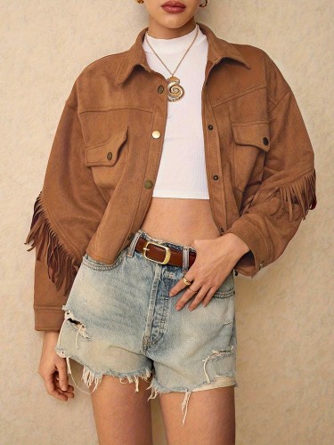 Women's Casual Off-Shoulder Button-Front Tassel Detail Jacket Top