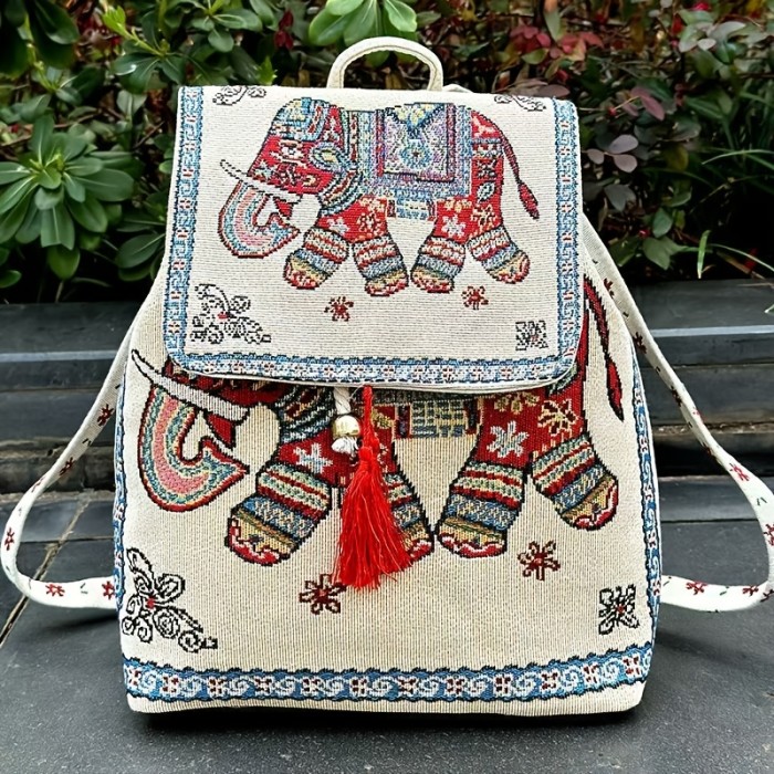 2025 New Women's Ethnic Style Golden Embroidered Floral & Butterfly Backpack - Vibrant Mixed Colors, Durable Polyester Drawstring Closure, Hand Washable Travel & Casual Daypack, Backpack for Travel, Colorful Accessory, Intricate Embroidery
