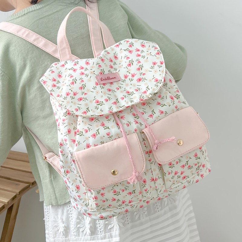 Women's Korean School Backpack - Large Capacity Backpack with Adjustable Shoulder Straps & Magnetic Closure, Pastel Pink\u002Fwhite\u002FBlack - Durable Fabric Backpack for College, Work, Travel - Everyday Commute Bag for Women, Floral Pattern, Sturdy Construction, College Students